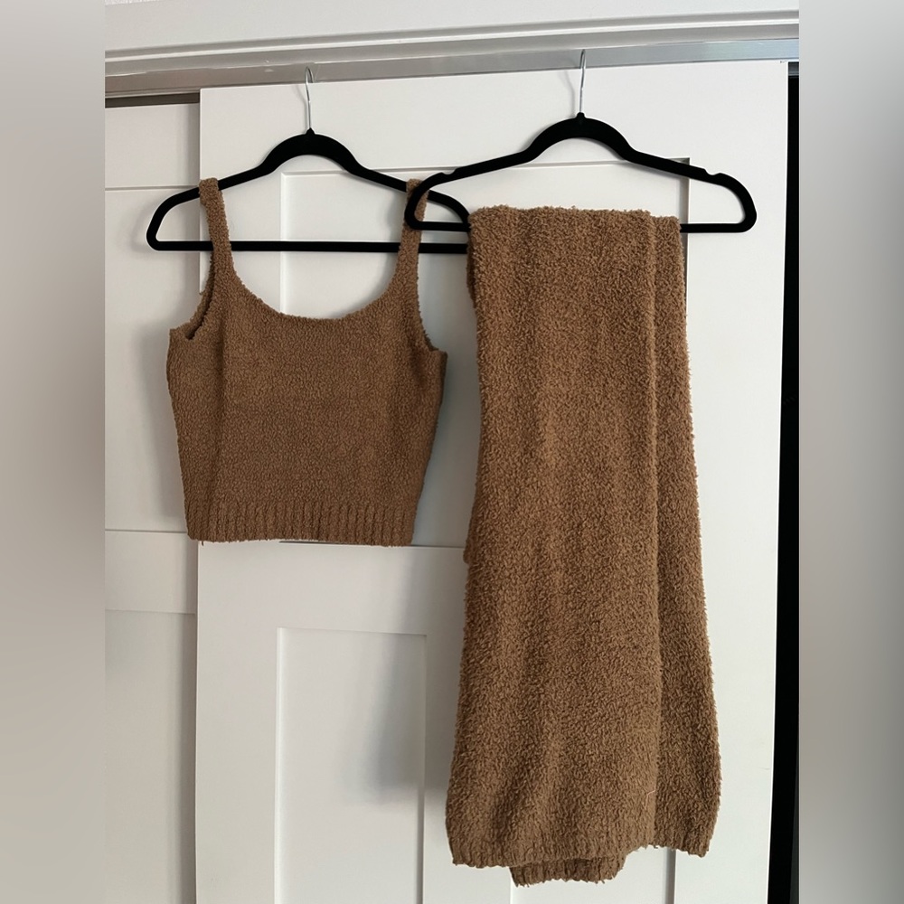 Full SKIMS Cozy Set including robe, wide leg pants, shorts and tank in Camel